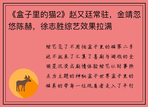 《盒子里的猫2》赵又廷常驻，金靖忽悠陈赫，徐志胜综艺效果拉满