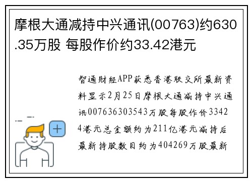 摩根大通减持中兴通讯(00763)约630.35万股 每股作价约33.42港元