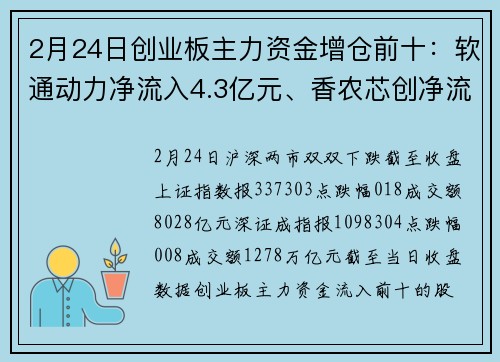 2月24日创业板主力资金增仓前十：软通动力净流入4.3亿元、香农芯创净流入3.94亿元