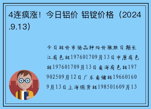 4连疯涨！今日铝价 铝锭价格（2024.9.13）