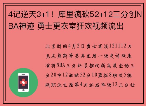 4记逆天3+1！库里疯砍52+12三分创NBA神迹 勇士更衣室狂欢视频流出