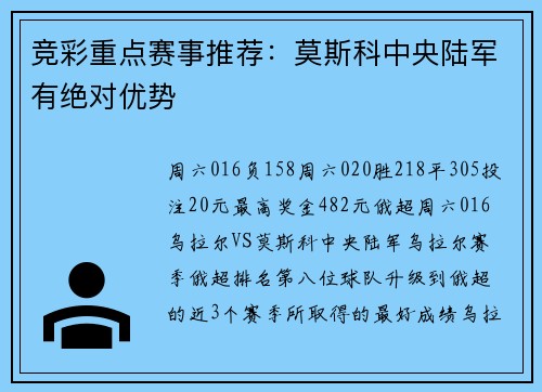 竞彩重点赛事推荐：莫斯科中央陆军有绝对优势